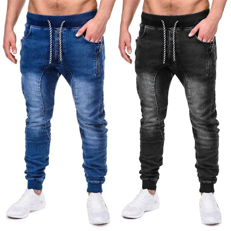 

Wholesale jeans Customize Logo men slim fit pants classic jeans Trousers Casual skinny Straight Drawstring Elasticity pants, Blue and black