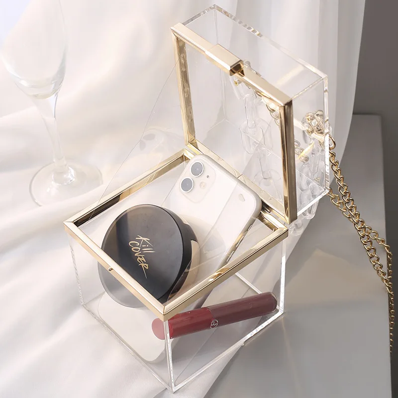 

Trendy fashion acrylic square box bag clear acrylic clutch purse with gold chain strap, Transparent/pink/black/blue