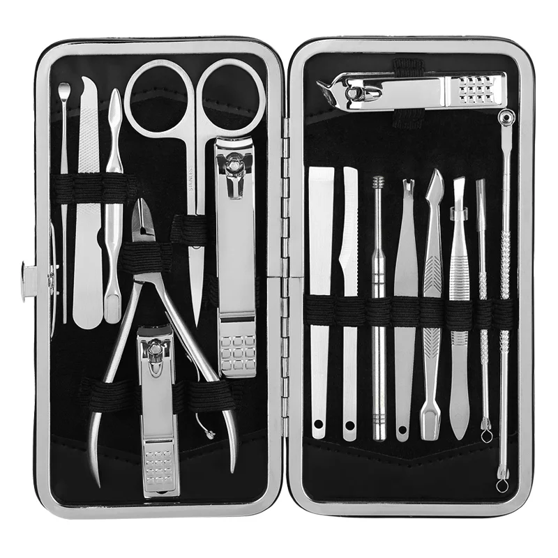 

16pcs Professional Manicure Set Pedicure Knife Toe Nail Clipper Cuticle Dead Skin Remover Feet Care Kit, Black