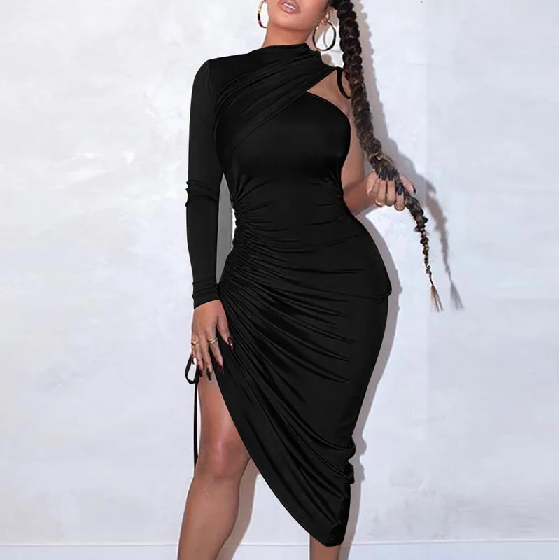 

Women's Dress 2021 Summer Hot Style Sexy One-shoulder Long-sleeved Irregular Pleated Dress, Picture color