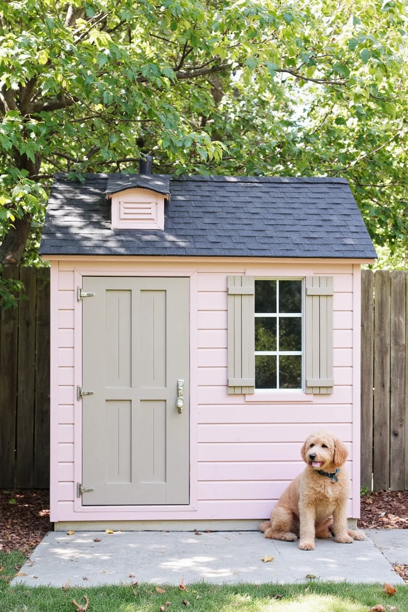 Interior view of a rustic-style shed with built-in pet bed, shelves, and mini window seat