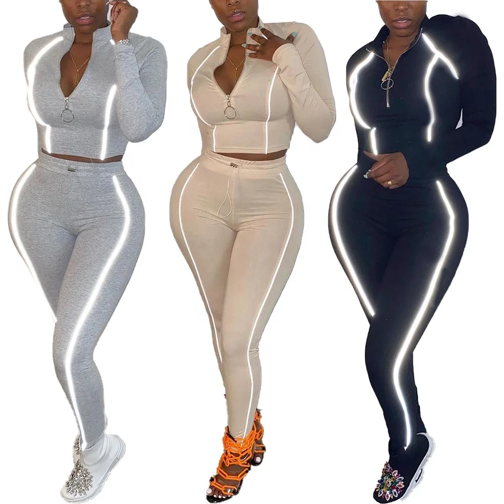 

drop shipping New fashionable solid color zipper sportswear two piece set women clothing, As picture shown