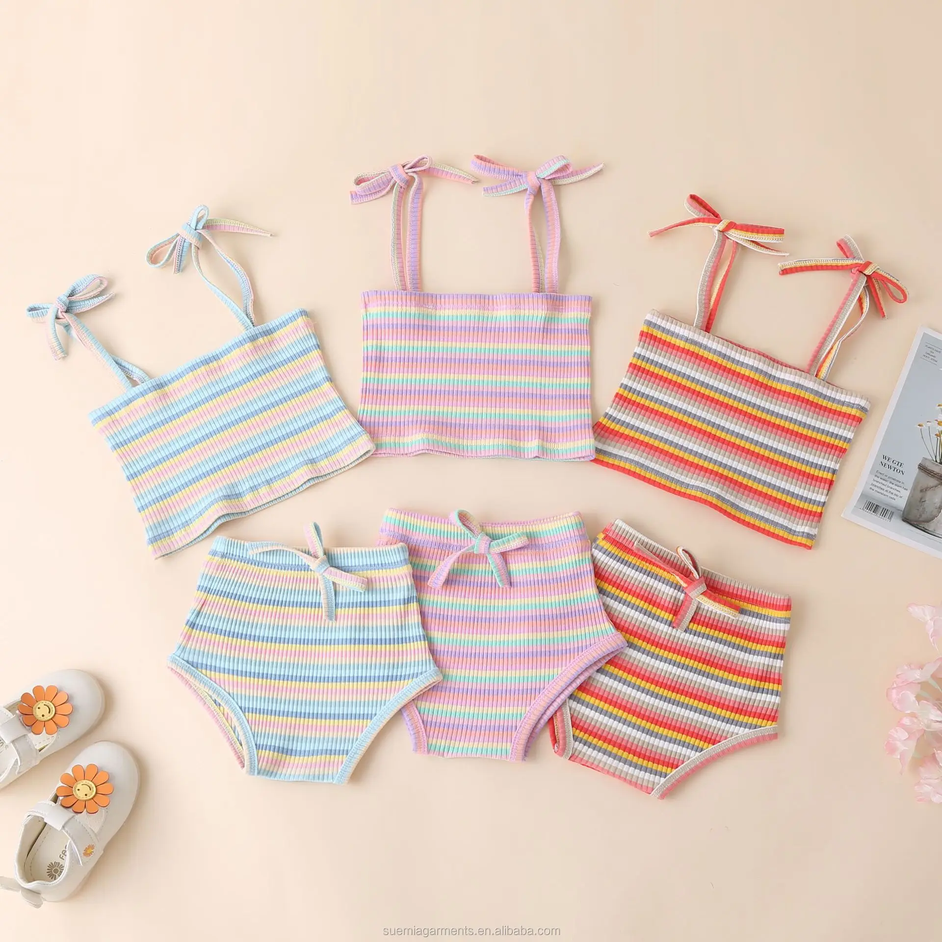 

Summer Infant Toddler Girls Stripe Ribbed Cotton Tie-up Tube Top Bloomer Outfit Baby Sets Clothes Clothing, Photo showed and customized color