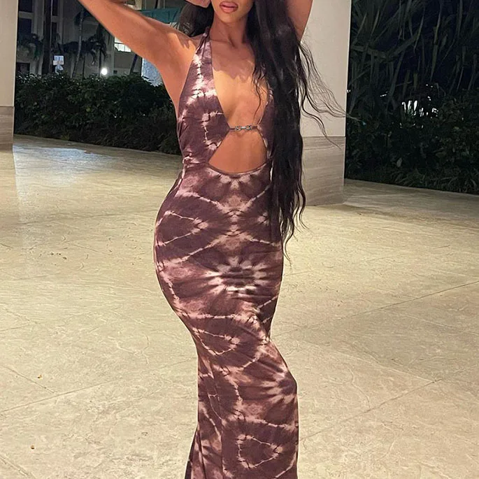 

FS2512D Women sexy Fashion prints dress sleeveless tie dye backless long dresses