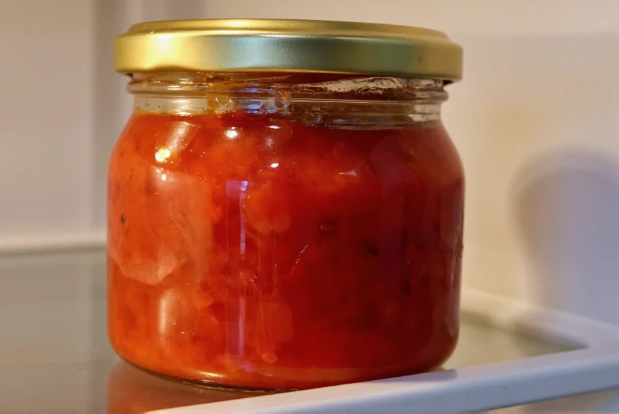 Glass jar of Calabrian chili paste with olive oil layer on top stored in refrigerator