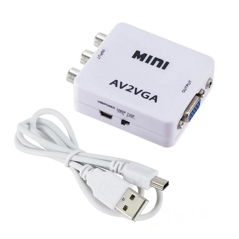 

HD AV2VGA Video Converter Convertor Box Mini AV RCA CVBS to VGA Video Converter Conversor with 3.5mm Audio to PC HDTV Converter, Black, black or white