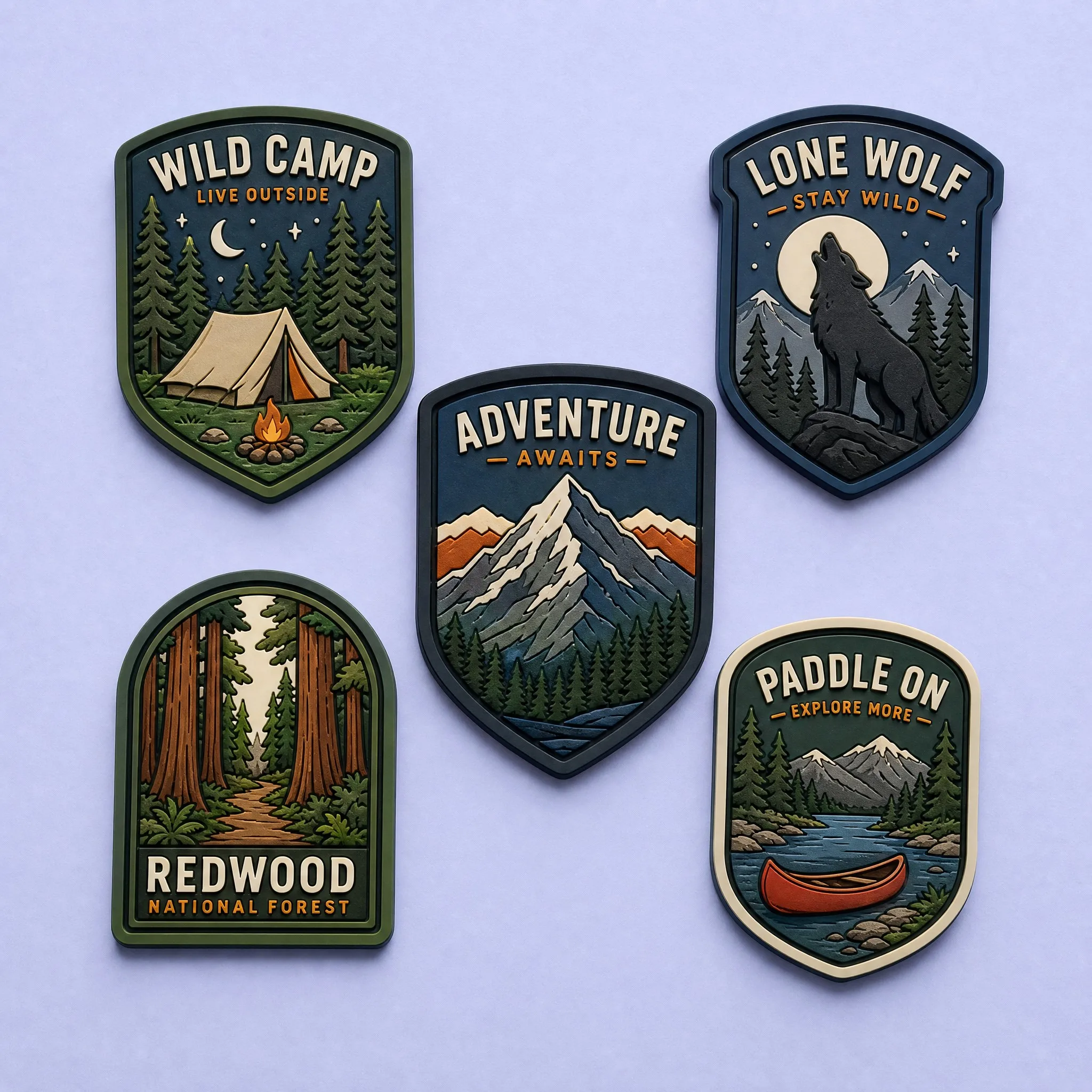 5-Piece Outdoor Adventure Badge Series: Wild Camp, Lone Wolf, Adventure Awaits, Redwood, Paddle On