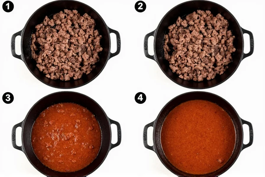 Step-by-step preparation of McCormick chili recipe showing browning ground beef in cast iron pot
