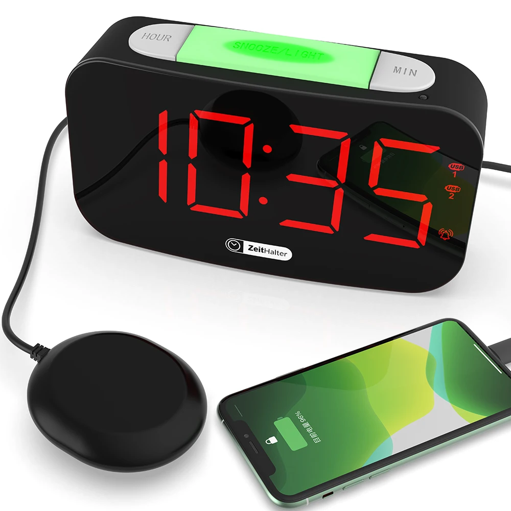 

Large screen deaf-mute vibration clock mobile phone USB charging 2021 amazon hot sale led digital alarm clock