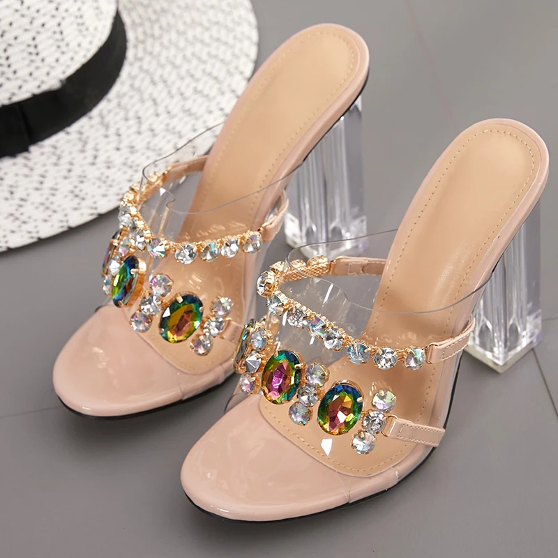 

Peep Toe Fashion Leisure Breathable Trend Stiletto Summer Zapatos De Mujer 42 High Heels Sexy Slippers 2021 Women Shoes PVC Head, Apricot