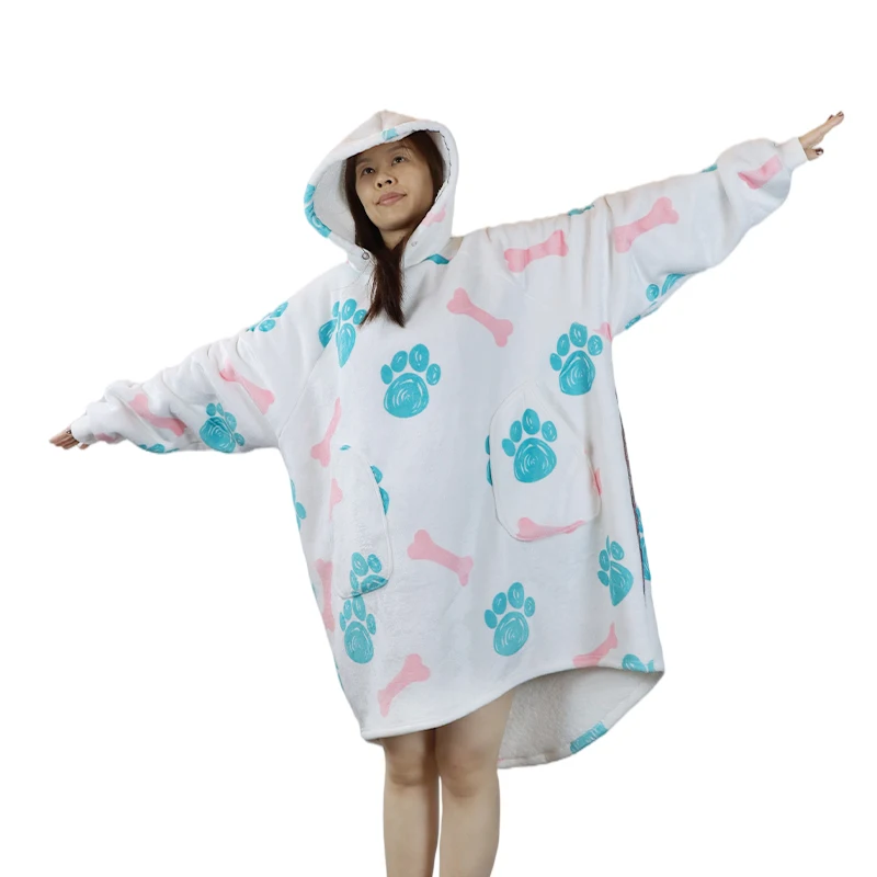 

Lovely Dog Paw Prints Hoodie Wearable Blanket With Ultra Soft Sherpa Fleece Lining Warm For Adults Men Women