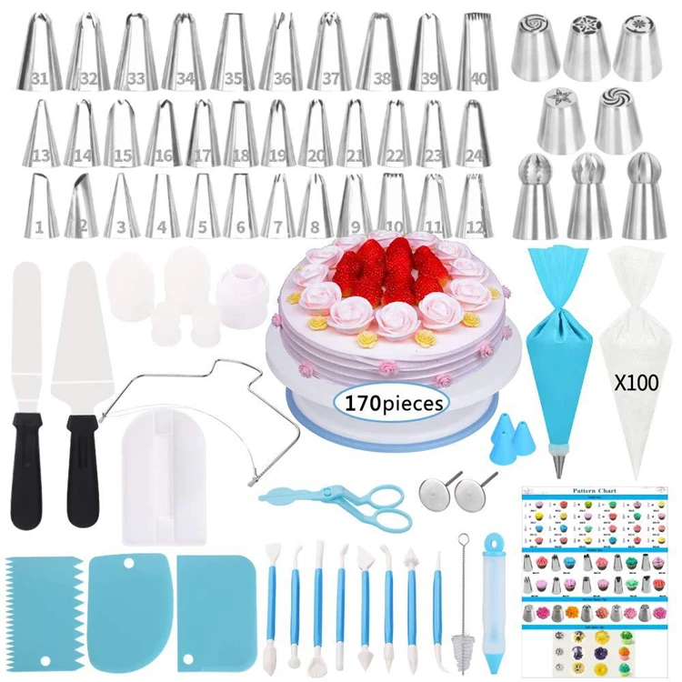 

170 PCS Icing Piping Tips Russian Nozzles with Pattern Chart Baking Supplies Cake Decorating Kit