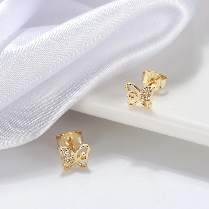 APE09 RINNTIN 14K Gold Plated 925 Sterling Silver Butterfly Stud Earrings | Dainty Earrings for Women