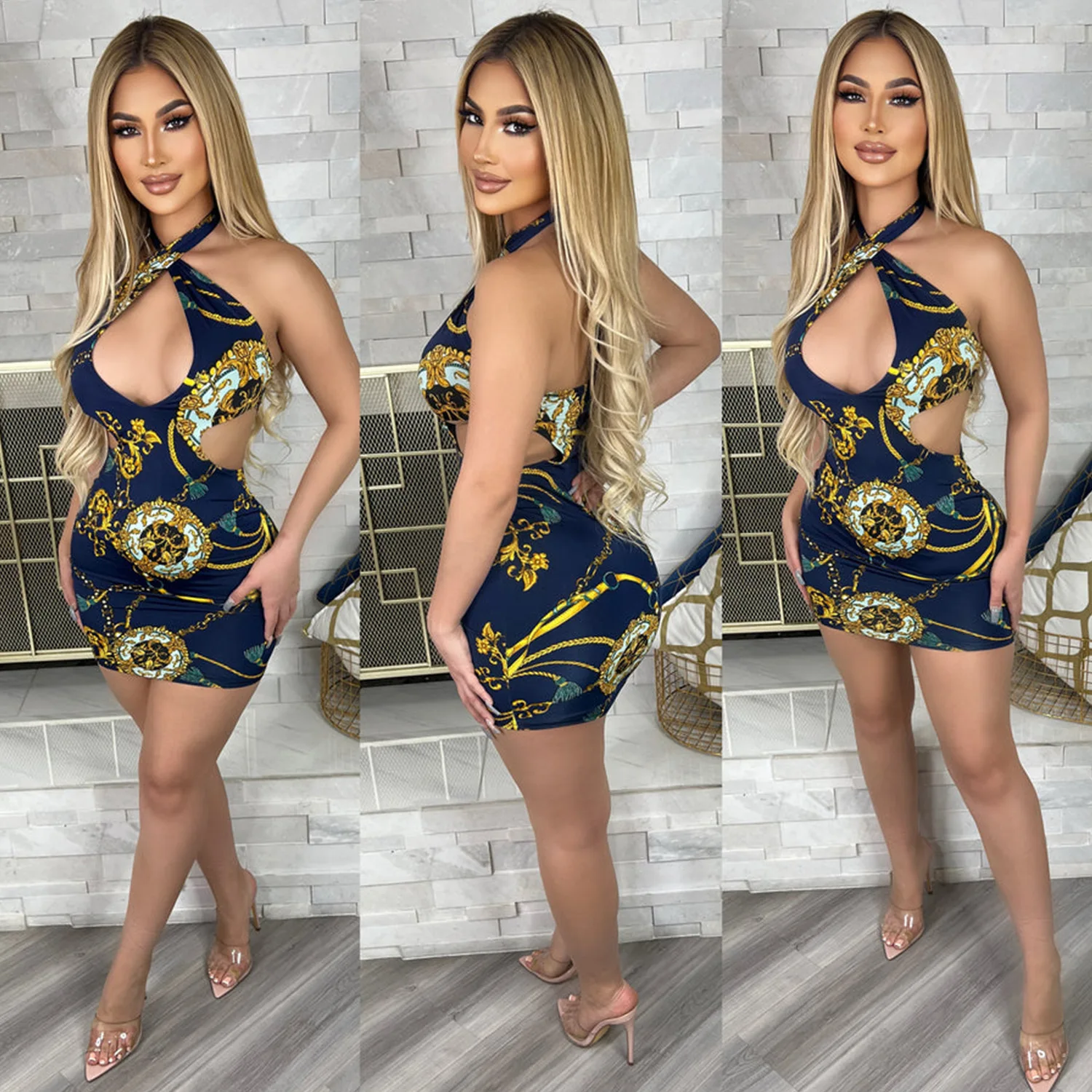 

SZ1599 The new summer sexy tight print hollowed-neck women dress, Picture color