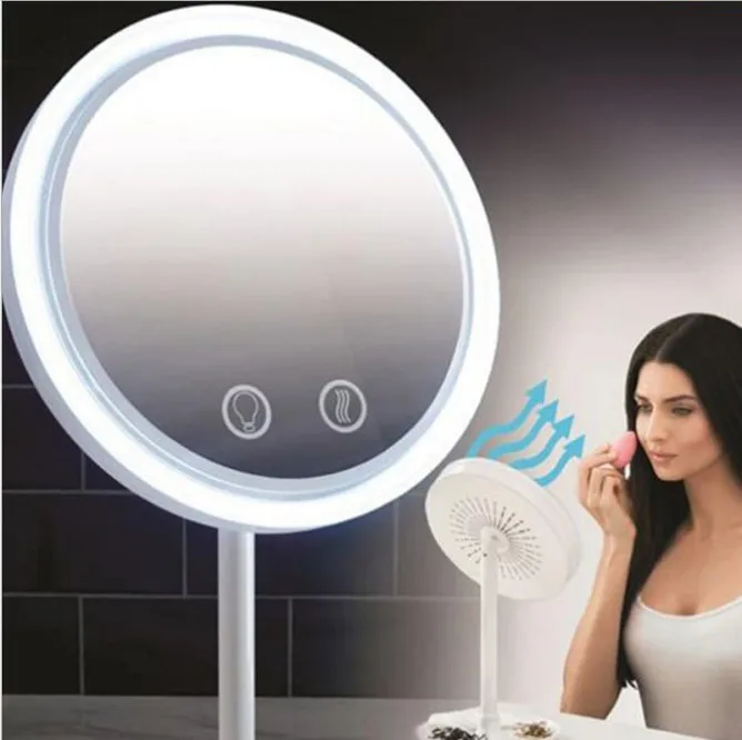 

OEM Amazon Hot Selling Vanities Mirror Makeup Mirror LED Mirror Fan With 5x Magnifying Cosmetic, White, pink, or customized