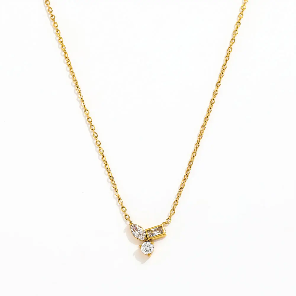 Joolim 18K Gold Plated Non Tarnish Cubic Oval Rectangle Round Double Zirconia Joint Pendant Stainless Steel Necklace