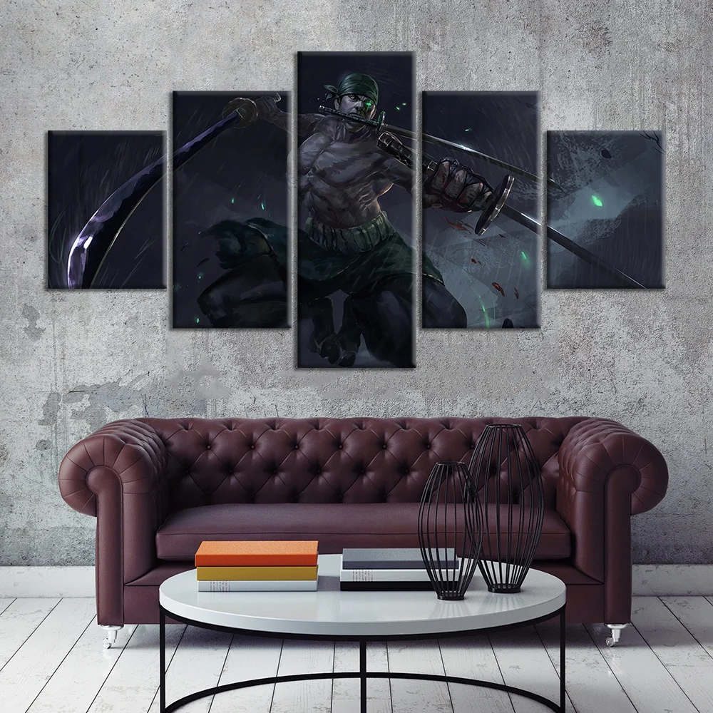 

5pieces Anime One Piece Poster Black Vintage Handsome Character Zoro Oil Painting Canvas Wall Art Bedroom Decoration, Multiple colours