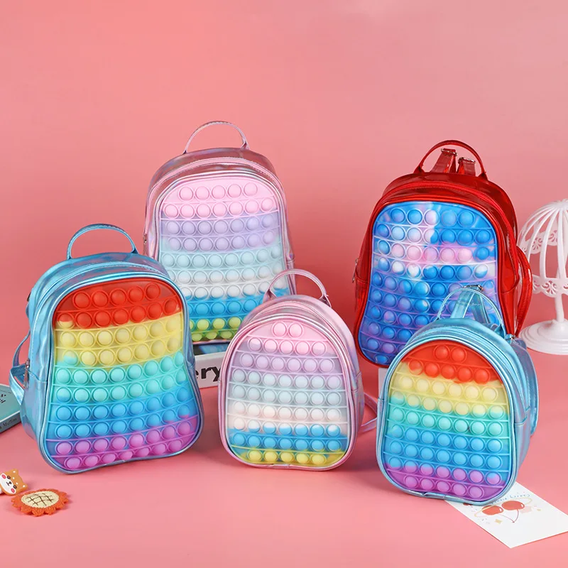 

New fashion Trendy Macaron Children Funny Schoolbag backpack kids Rainbow Stress Reliever Push Bubble Backpack Fidget Toys, 5 color