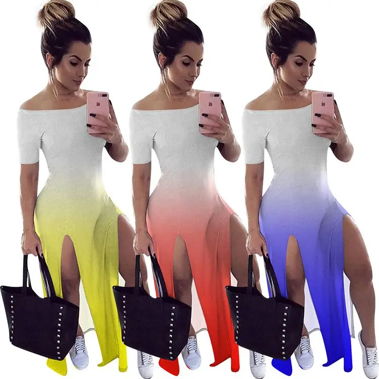 

0520M045 Design Fashion Off Shoulder High Slit Gradient Color Design Ladies Dress Short Sleeve Maxi Long Women Summer Dresses