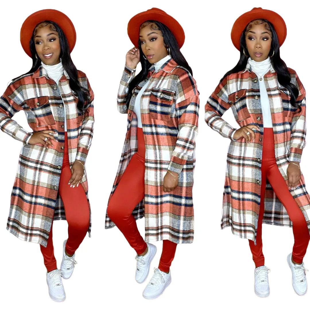 

Plaid fall casual knit winter women overcoat long coats for women fashion coat