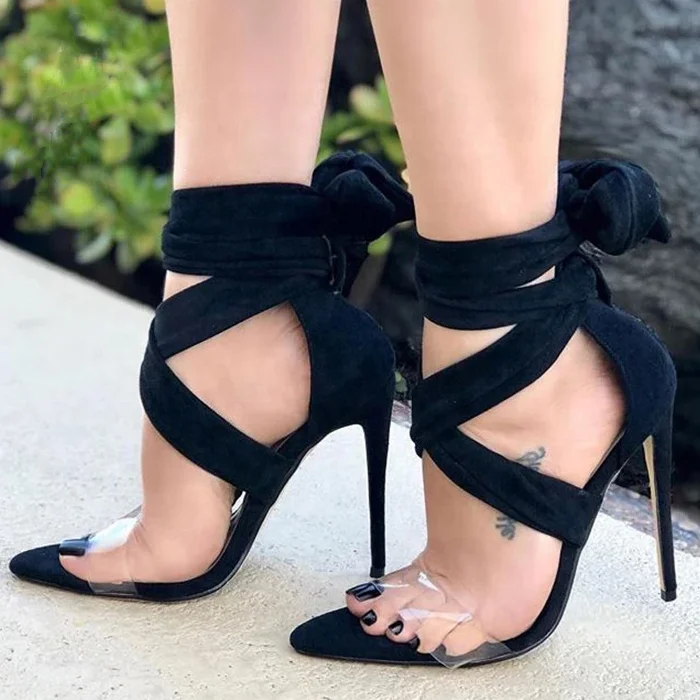 

New Style black Lace Up PVC Surface women Shoes Pointed Toe high Thin Heels Fashion Trend Summer Dress Pumps Sandals Shoes