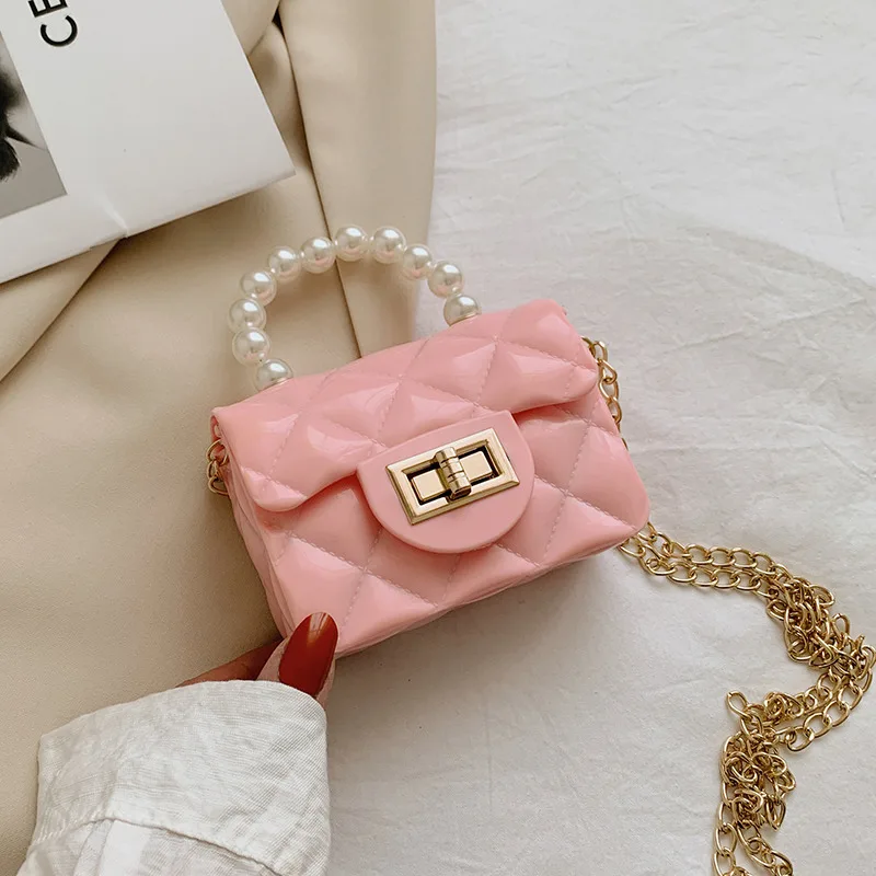 

Female mini jelly small square bag New style PVC pearl chain messenger bag fashion