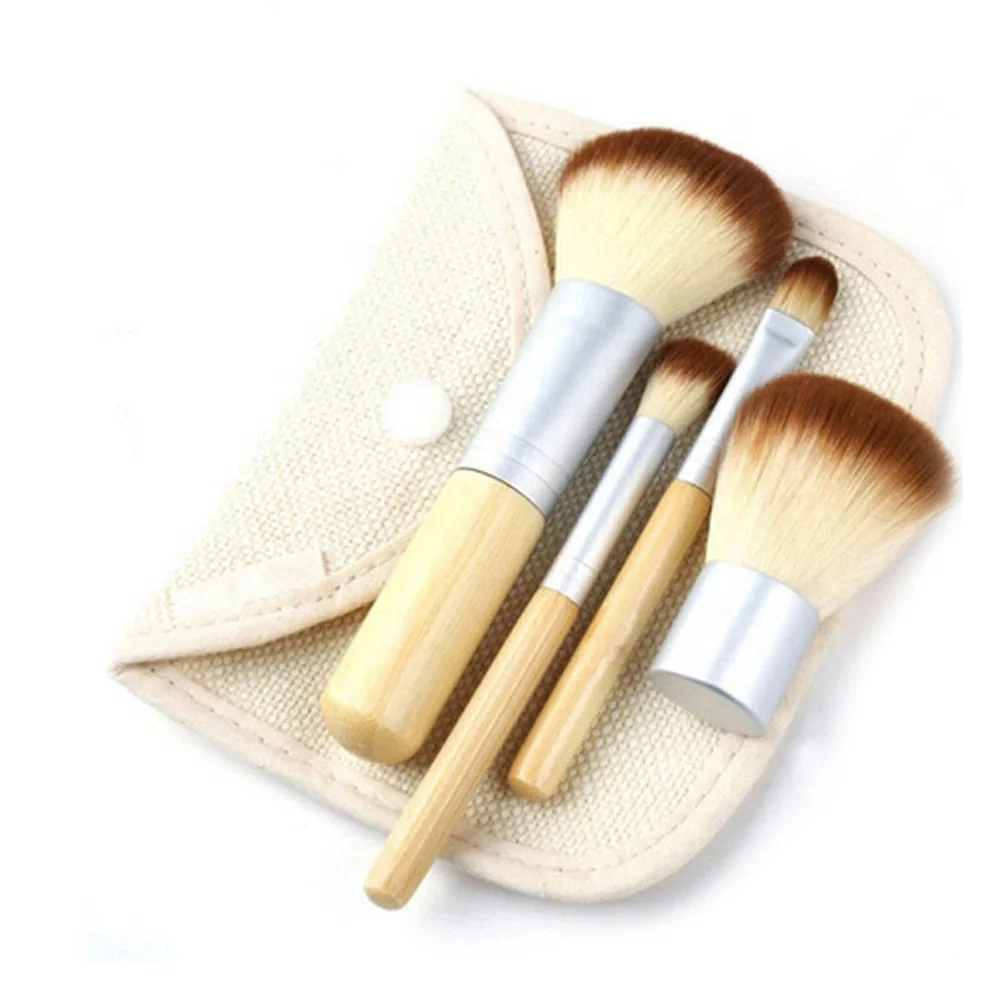 

Free Shipping 4pcs/Bag Makeup Eyeshadow Flush Foundation Brushes Linen Pouch Bamboo Handle Travel Cosmetic Make up Brushes