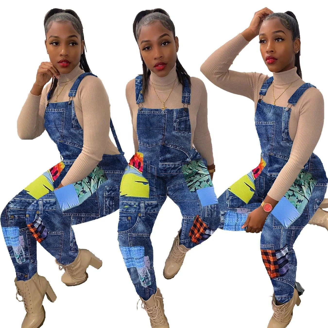 

LW- H3605 Women's loose colored patchwork female jeans pants 100% cotton