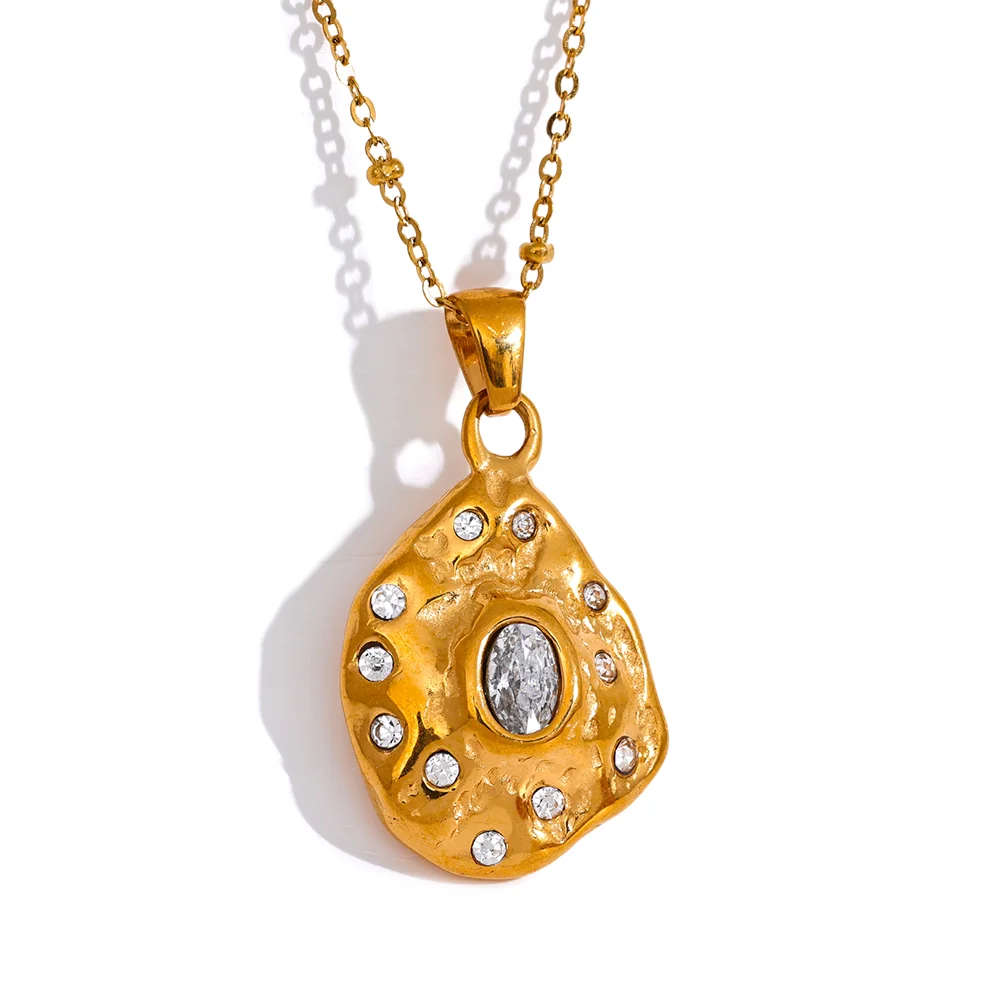 

JINYOU 004 Irregular Creative Fashion Gold Color Pendant Necklace Stainless Steel Jewelry Vintage Geometric Cubic Zirconia Bijou