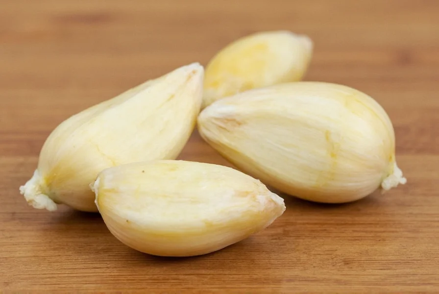 Two garlic cloves next to measuring spoons showing minced garlic equivalent