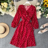 

Korean style women dresses love heart printing puff sleeve retro sexy lady dress