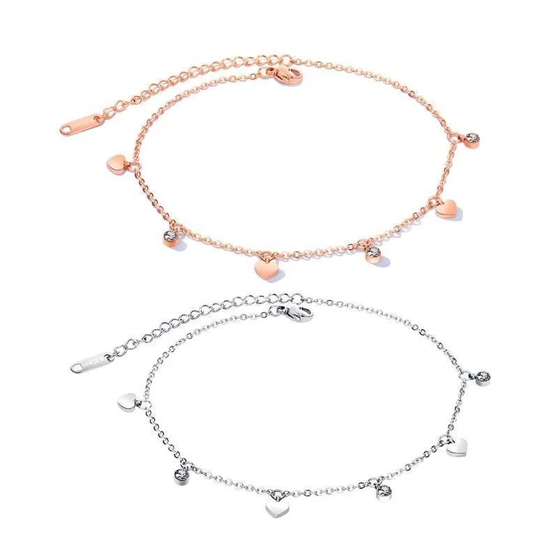 

New hot-selling titanium steel feet decorated with diamond heart-shaped anklets rose gold-plated fashion women's Jewelri anklet, Rose gold/yellow gold/white gold