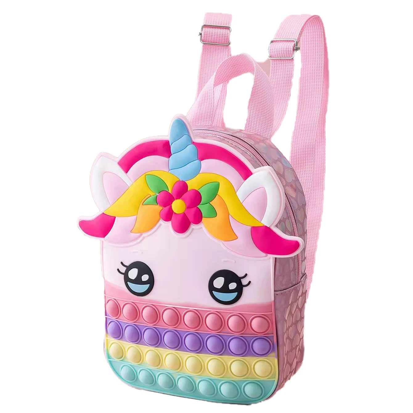 

Wholesale Small kids Popping Popet school bag fidget bubble anti-stress pack pop itting unicorn backpack for girls, Pink/blue