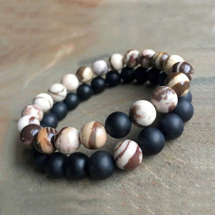 

BRY1624 8mm zebra jasper and matte onyx beads lovers de gemstone elastic couple bracelets