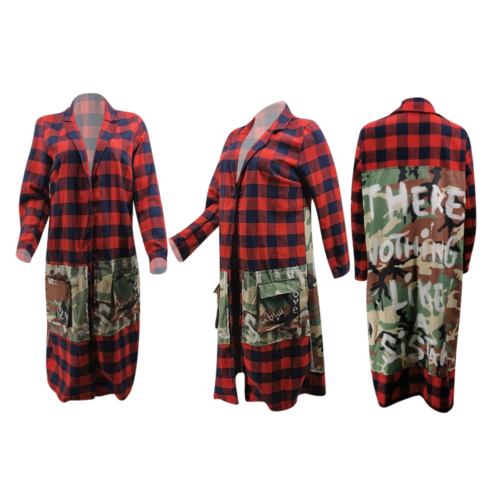 Women Long Coat Plaid Grid Printed Winter Autumn Fall Cardigan Long Letters Camo Print Floral Maxi Jacket for Ladies