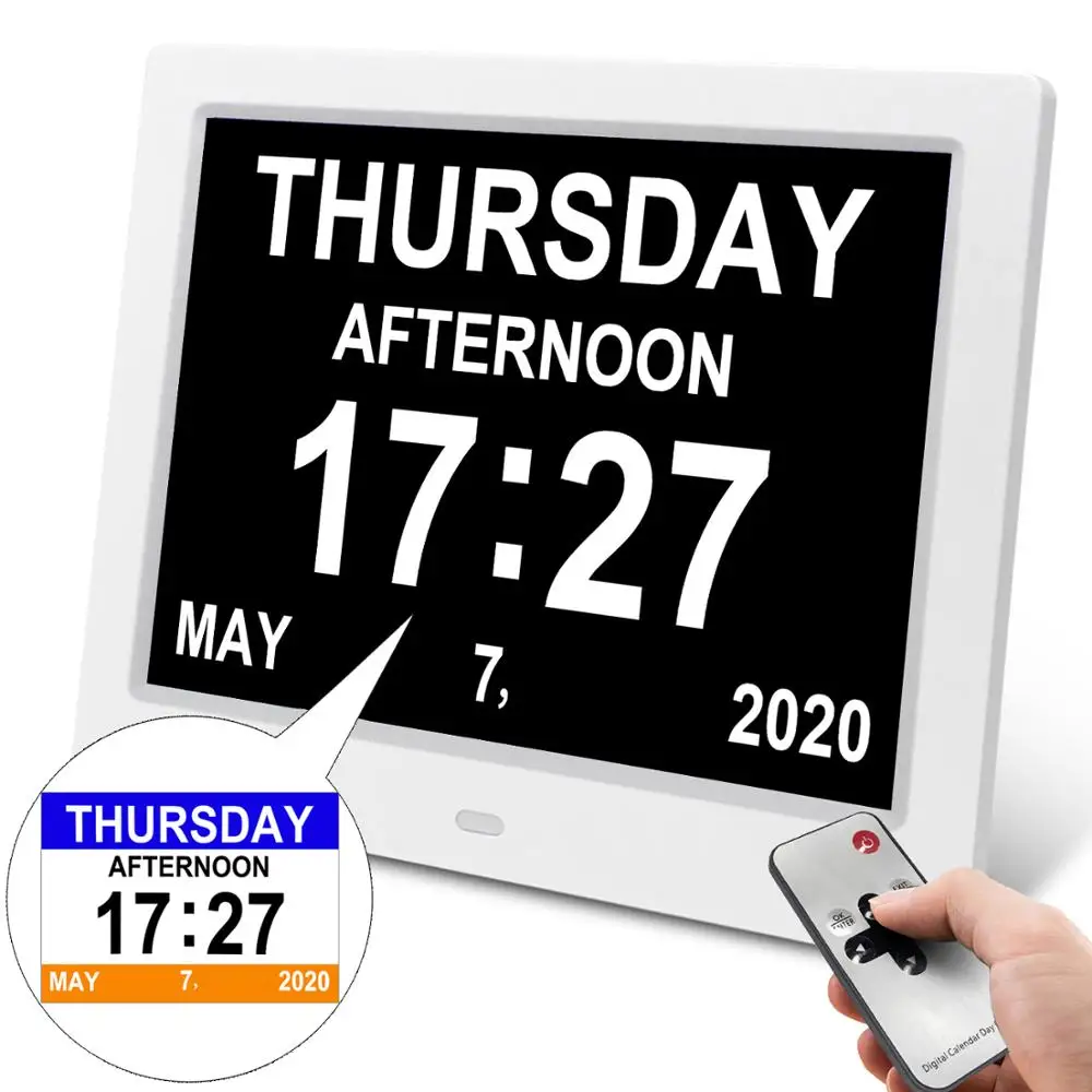 

SSA [Newest Version] Day Clock - Extra Large Impaired Vision Digital Clock with Battery Backup & 5 Alarm Options - White