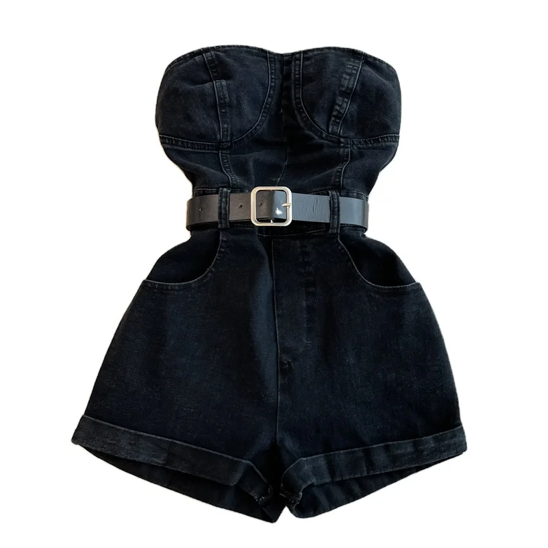 2024 Fashion Small Tube Top Denim Jumpsuit Women's Summer Hong Kong Style Retro Fashion Wide Leg Overalls Jumpsuit