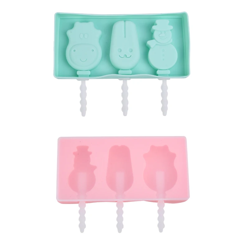 

New cute BPA Free food grade multifunctional DIY Cartoon silicone trays ice cube mold Popsicle cream moulds with lids sticks, Pink/green