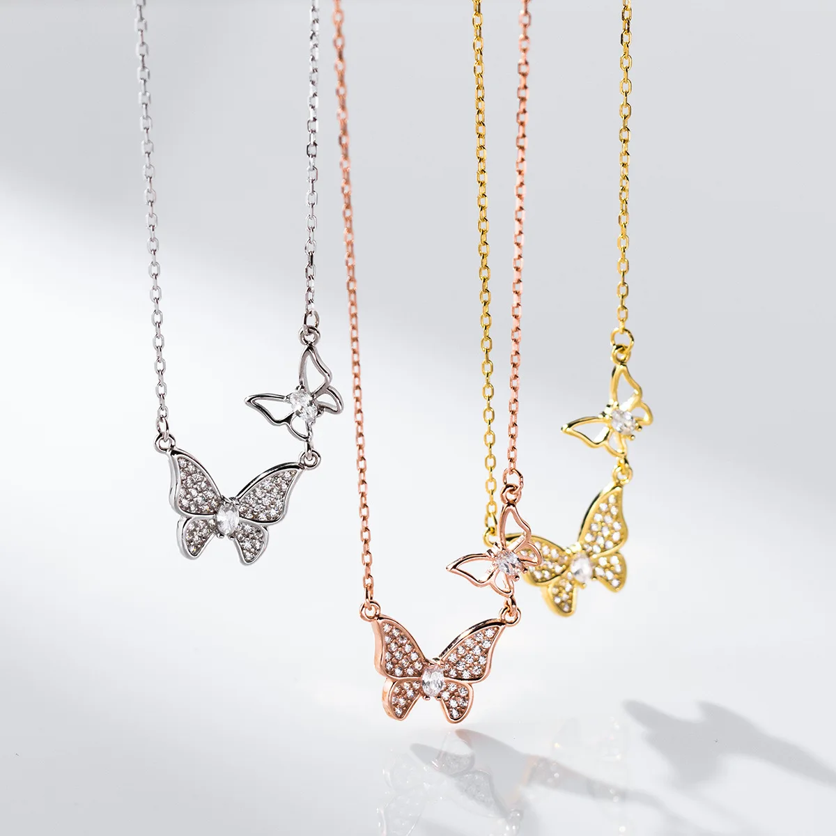 Wholesale Fine 925 Silver Necklace Women 925 Sterling Silver Full Zircon butterfly Pendant Necklace Gold Plated Chain Necklaces
