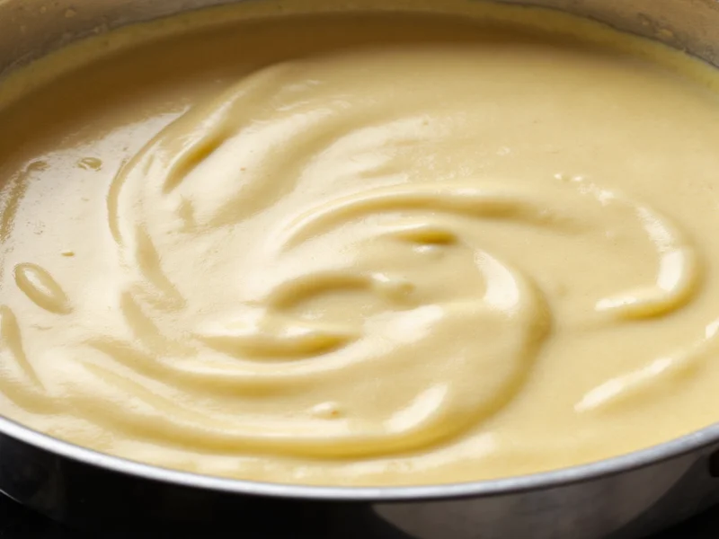 Silky alfredo sauce swirling in stainless steel pan
