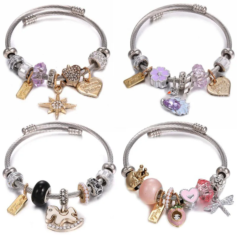 

Cute Jewelry stainless steel star heart crown horse Europe handmade bead charm  bracelet