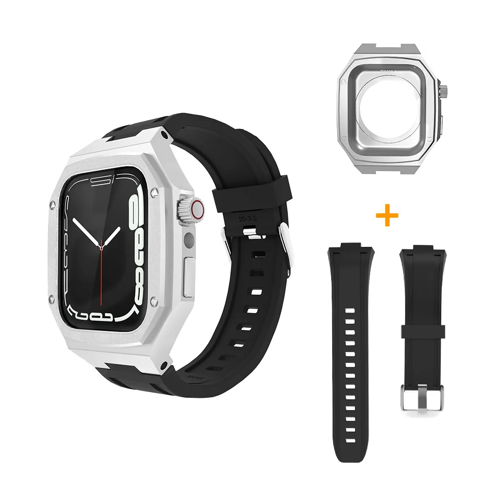 

45mm 44mm Metal Case Rubber Band for IWatch Series 7 6 SE 5 4 Modification Kit Stainless Steel Case Strap Set for Apple Watch, Optional