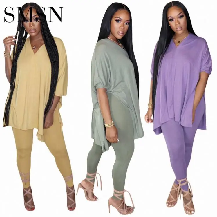 

fashionable Solid color loose split v-neck casual two-piece pants set