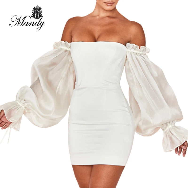 

New arrival strapless patchwork mesh puff sleeve short dress ladies