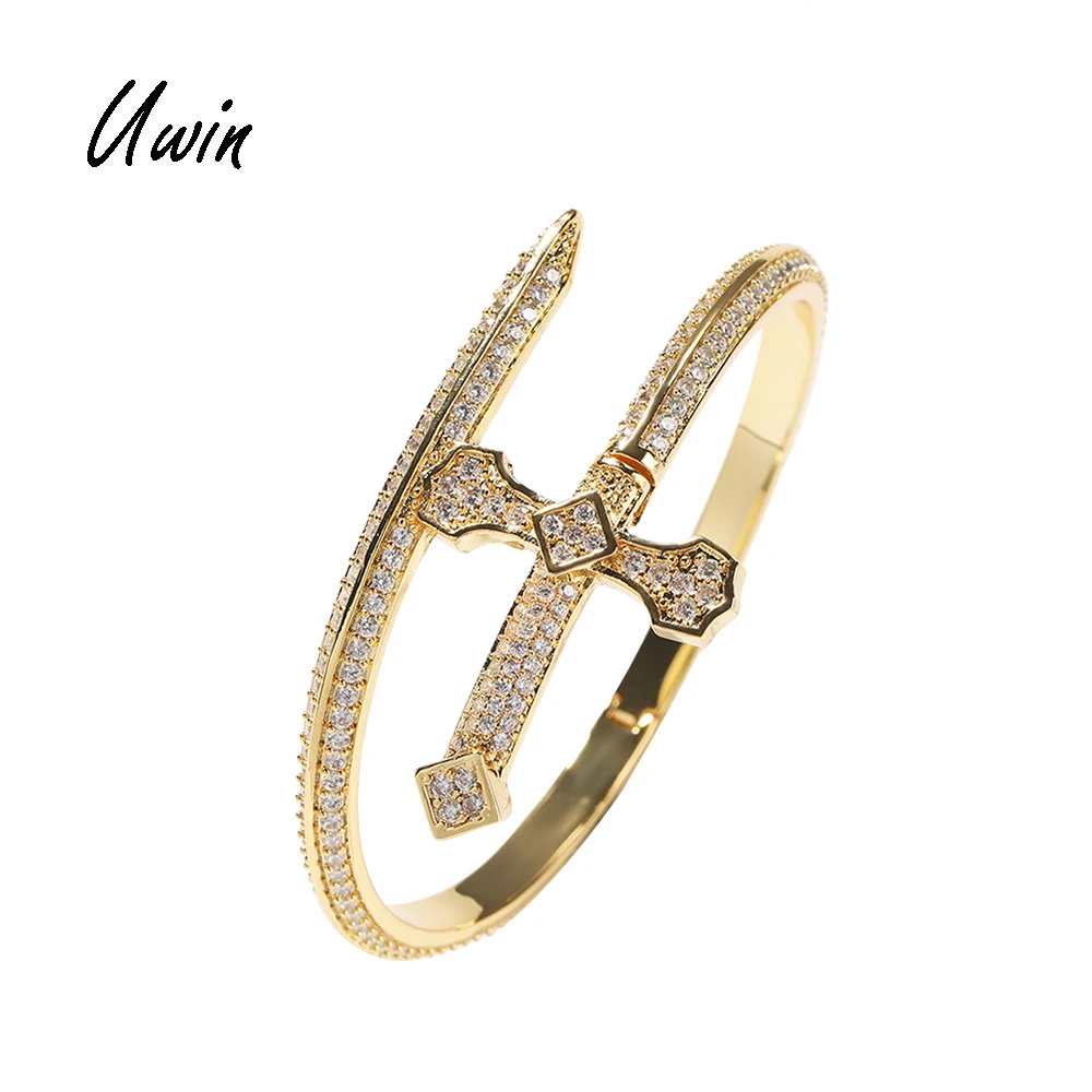 

UWIN New Design Sword Shape Bracelet Bling Brass Zircon 18K Gold Plated Bangle Fashion Women Man Jewelry, Gold and silver color