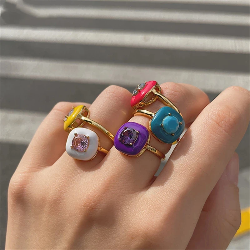 

2021 Y2K Colorful Enamel Drip Oil Zircon Ring Square Metal Open Adjustable Gold Plated Rings for Women Girls Party Jewelry