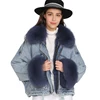 2019 New Wholesale Real Rex Rabbit Fur Liner Denim Women Fur Parka Coats / Removable Real Fox Collar Jean Parka Fur Jacket