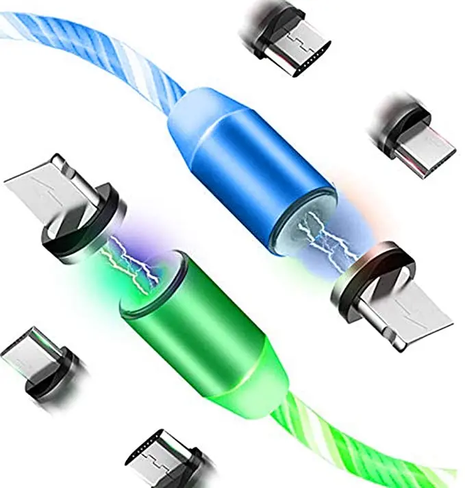 

2020 New Design Wholesale On Stock 180 Degree 1M Micro Type C Magnetic USB Charging Cable usb Streamer LED charging cable, Red blue green colorful
