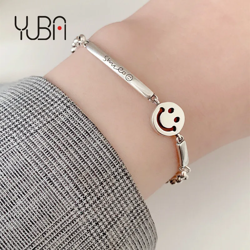 

Smooth Custom Letters Bar Happy Smile Face Bracelets 925 Silver Plated Beaded Chain Smiling Face Charm Bracelet