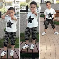 

GG433A fashion new design summer white kids boy Pentagram t-shirt Camouflage pant boutique clothing set 2-7Y